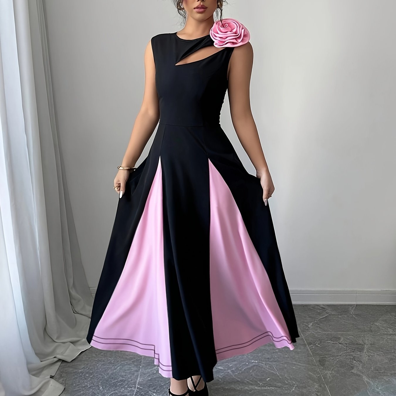 Robe Femme Sans Manches – Buste Colorblock, Découpes Modernes et Épaules Florales 3D, Ourlet Asymétrique