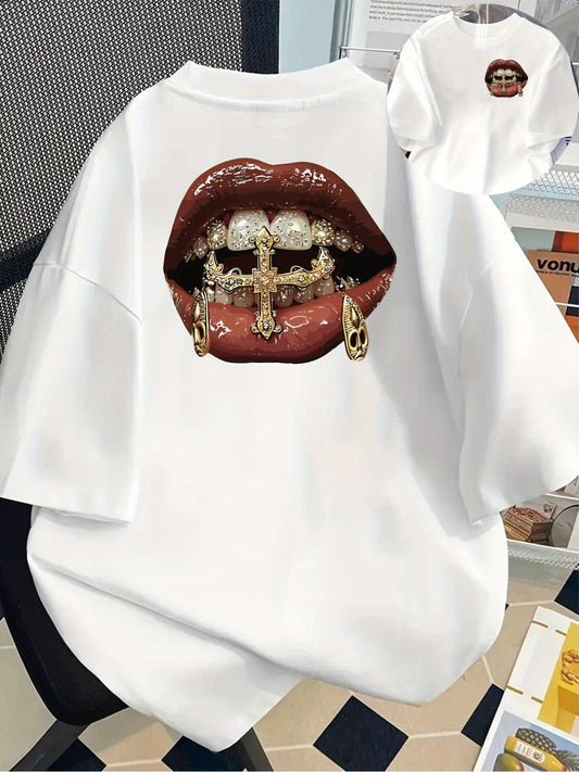 T-shirt Femme Hip-Hop – Imprimé Dents Dorées, Manches Courtes Avant-Arrière, Look Décontracté