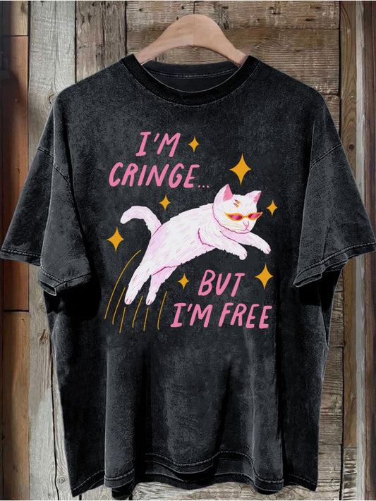 T-shirt Femme Vintage Noir – Graphique Chat “I’m Cringe But I’m Free”, Léger et Confortable