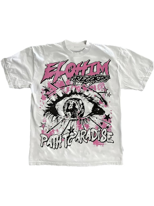 T-shirt Femme Rock – Imprimé Vinyle Électrique, Oeil Géant et Lettres Roses “ELOHIM RECORDS”