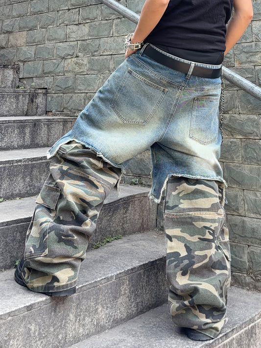 1 Pair of Men's Color-blocked Loose-fit Jeans, Y2K Vintage Street-style American Camouflage Multi-pocket Frayed Cargo Pants, Hip-hop Casual Daily Wear, Multiple Sizes Available, No Belt/no Accessories Included