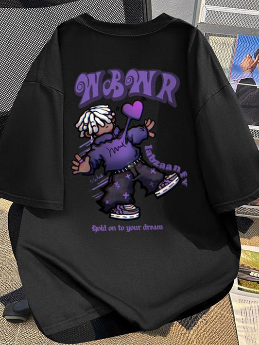 T-Shirt Homme Blanc à Motif – Col Rond avec Lettres Violettes