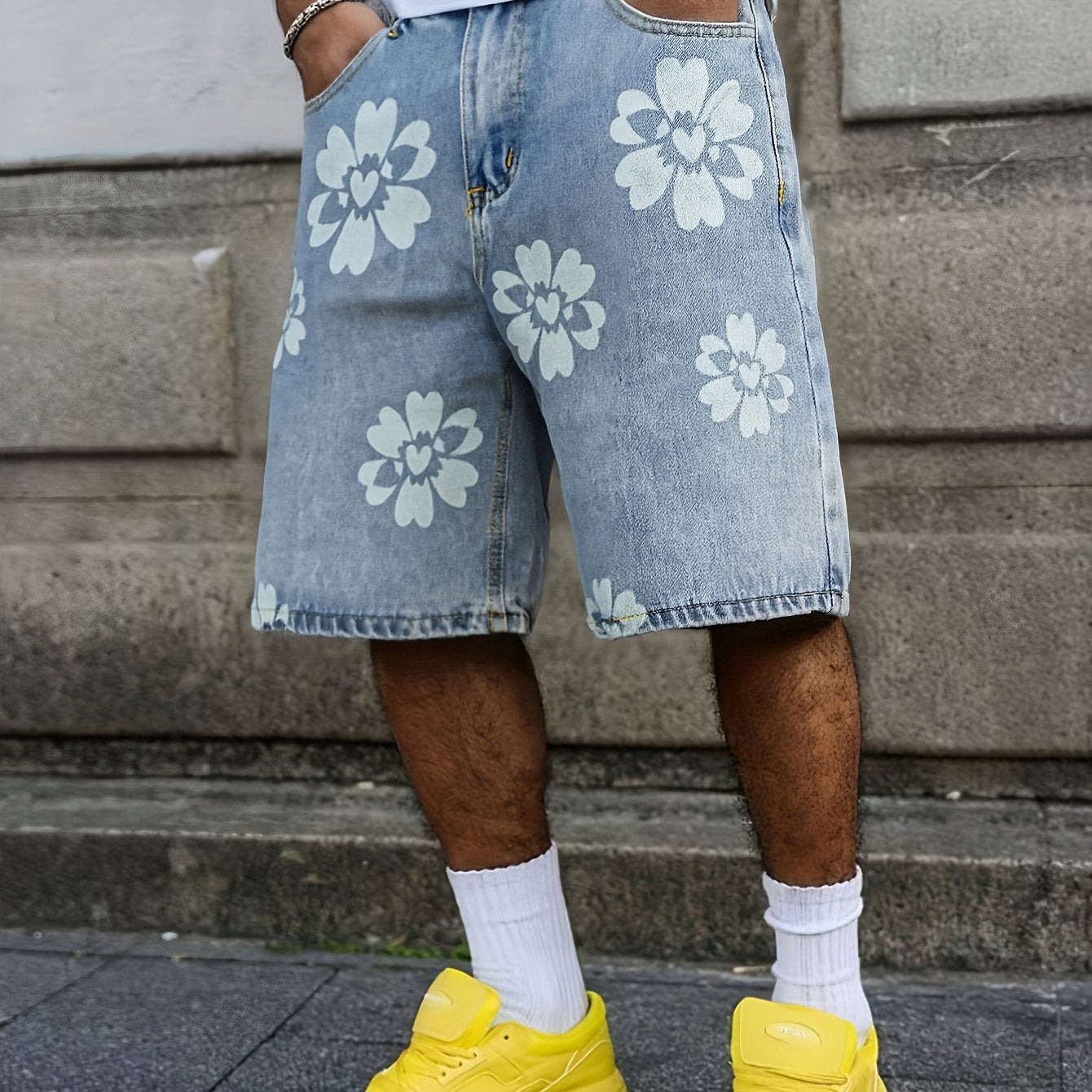 Short en Jean Vintage Homme 2026 - Style Décontracté Urbain, Coupe Large, Taille Moyenne, Imprimé Fleurs Blanches, Non-Élastique