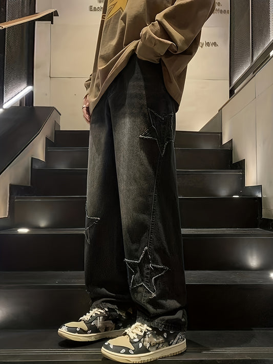 Jean Homme Marron Brodé Étoiles – Coupe Ample Décontractée, Motif Géométrique, Style Casual