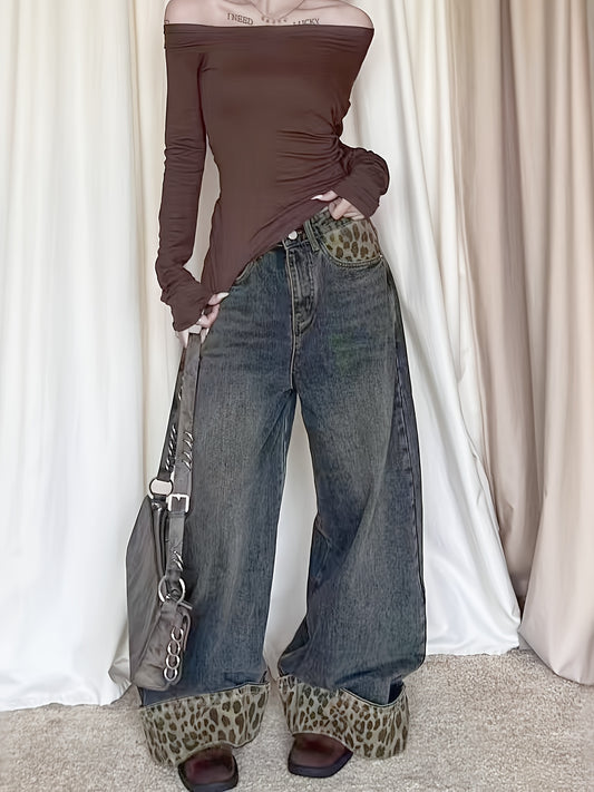 Women's Y2K Leopard Print Patchwork Wide-Leg Jeans, Loose Fit Straight Leg Pants for Spring, Summer, and Autumn, Versatile Fashion Trousers
