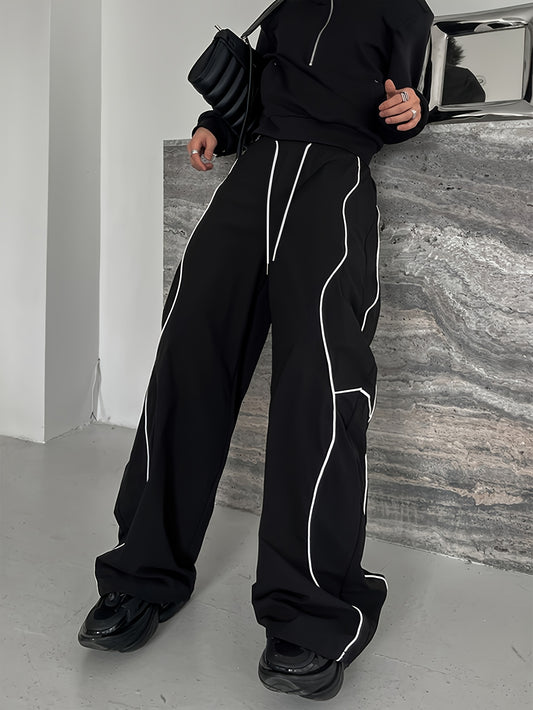 Pantalon Homme Streetwear Noir – Coupe Large Droite avec Détails Blancs, Style Casual
