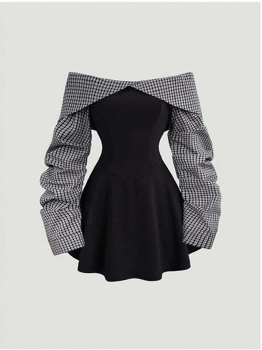 Robe Courte Élégante Épaules Dénudées – Motif Carreaux & Taille Marquée