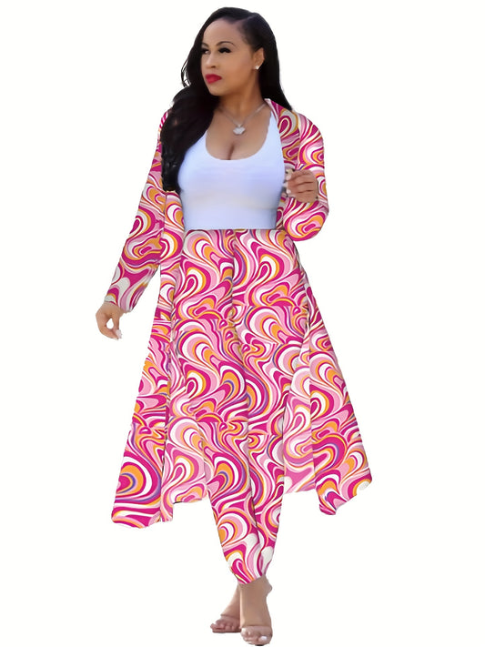 Casual Chain Print Two-piece Set, Long Sleeve Open Front Coat & High Waist Pants Outfits, Women's Clothing