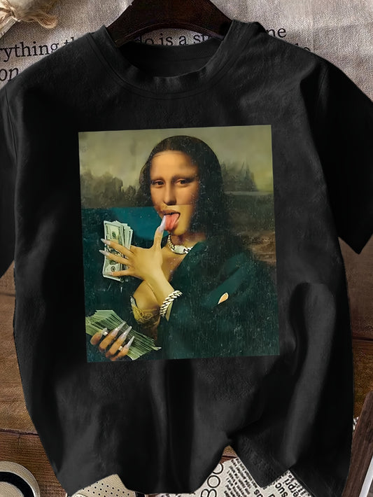 T-shirt Femme Noir – Graphique Mona Lisa et Billets, Look Humour et Abstrait