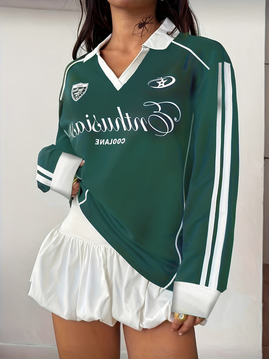 Sweatshirt Femme – Col Contrasté, Imprimé Lettres, Style Décontracté