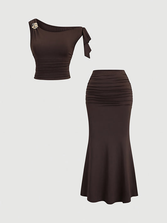 Ensemble femme marron – Top sans manches & jupe sirène