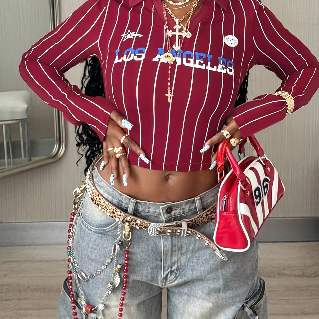 T-shirt Longue Manche Femme – Slim Fit, Col V à Revers, Imprimé Anglais et Rayures