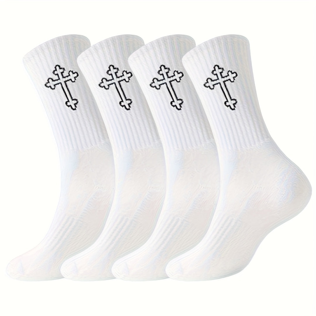 Lot de 4 Chaussettes Unisexe – Style Sportif, Motif Croix, Pour Couple ou Entraînement