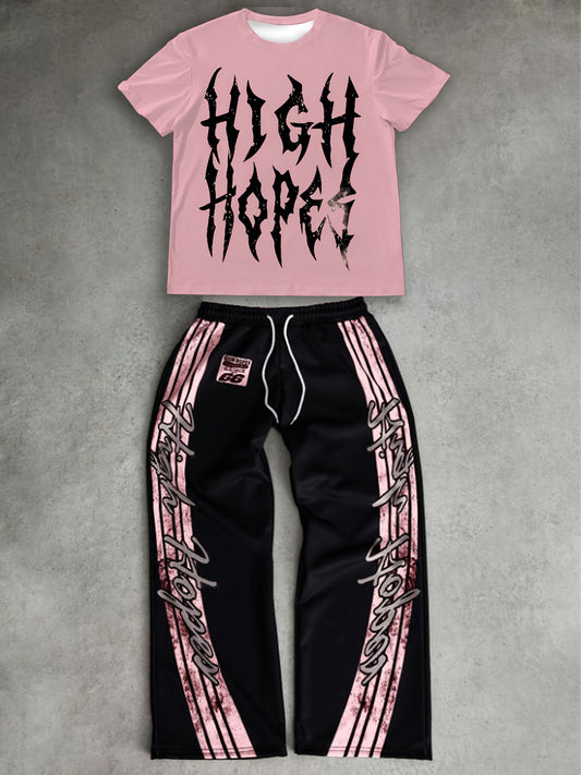Men'S Casual Print Short Sleeve T-Shirt and Long Pants Set - "High Hope" Graphic, Black with White Lettering, Regular Fit, Spring/Fall Wear, Comfortable Clothing|Casual Style|Stretch Fabric