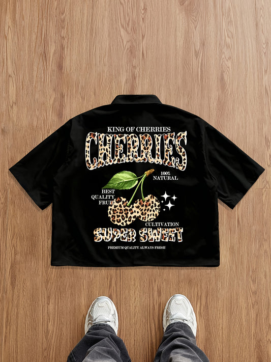 Men'S Short-Sleeve Casual Summer Shirt with Cherry Letter Design on The Back