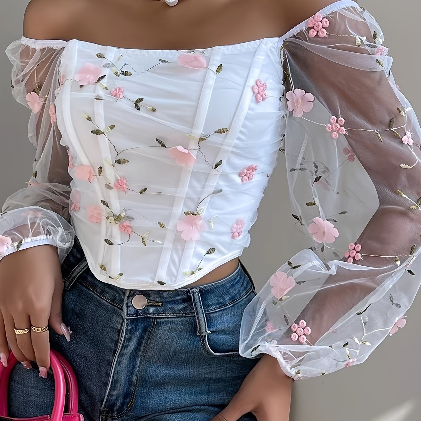 Corset femme manches longues – Mesh & broderie florale