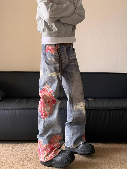 Jean Homme Vintage Américain Lavé à Effet Usé, Coupe Ample