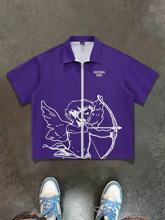 Men's Casual Graphic Print Polyester Shirt - Purple with Angel Design, Loose Fit, Short Sleeves, Turn- Collar, Machine Washable, Sporty Style for Casual Attire