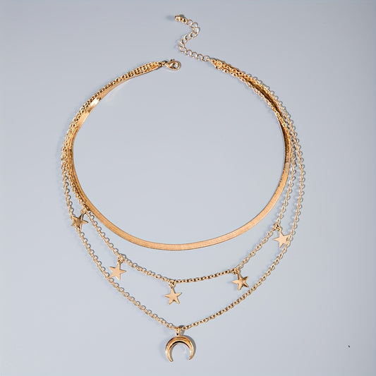 Collier Chaîne Minimaliste – Pendentif Étoile et Lune, Idéal pour Soirées