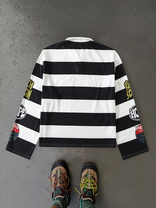 Black and White Striped Digital Print POLO Shirt | Casual Loose Fit with "DEAR MOM" Slogan, Short Sleeve, Spring/Fall Season