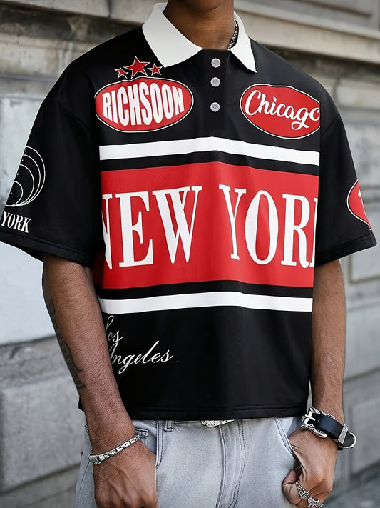 Chemise Courte Homme à Motifs Lettres et Fleurs, Style Patchwork