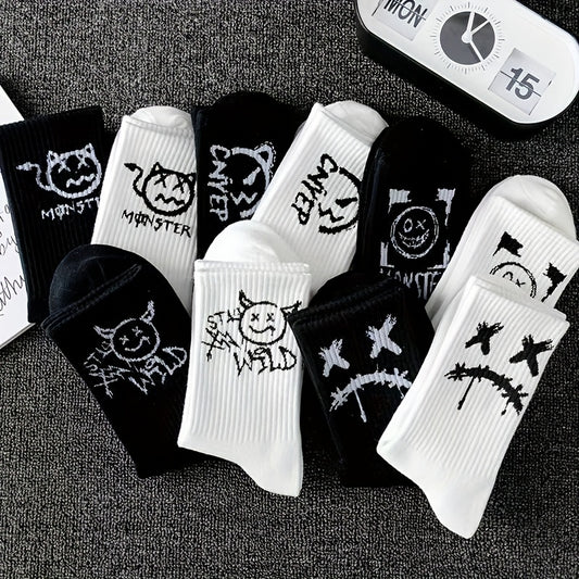 5 Paires de Chaussettes Mi-Mollet Noires & Blanches – Style Minimaliste et Cartoon