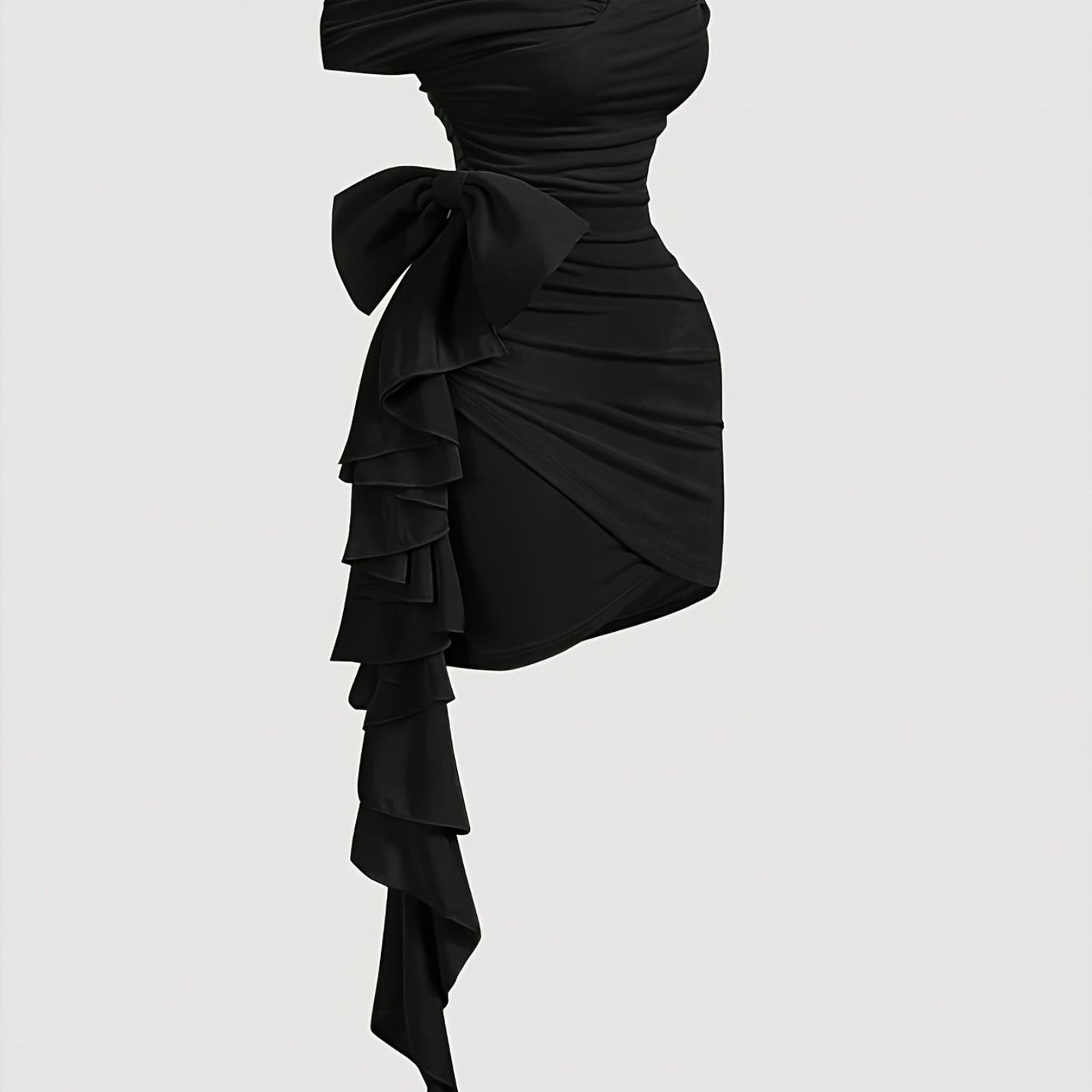 Robe Femme Bodycon – Col V, Deux Façons de Porter, Découpes Plissées Asymétriques avec Noeud, Sans Manches