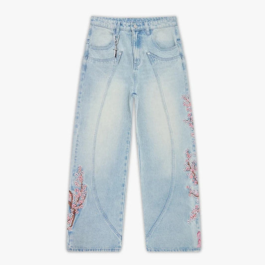 Jean Y2K Rétro – Broderie Fleurs de Cerisier, Coupe Large, Taille Haute, Streetwear Unisexe