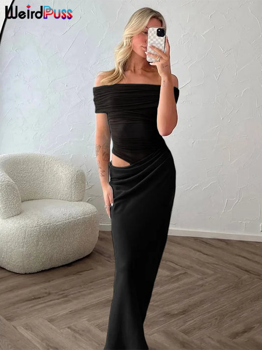 Robe Bodycon Femme Froncée – Patchwork Mesh, Col Slash, Coupe Moulante Élégante