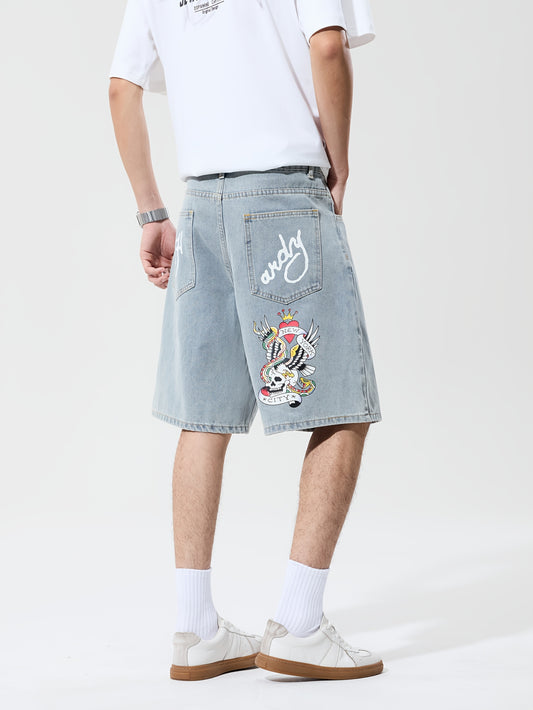 1pc Men's Streetwear Shorts - Loose Fit Non-Stretch Jeans-like Pants with Lettering, Knee-Length Casual Urban Outfit for Concerts, Festivals - Machine Washable, Concert Attire, Trendy Design, Denimlike Fabric, Festival Goers