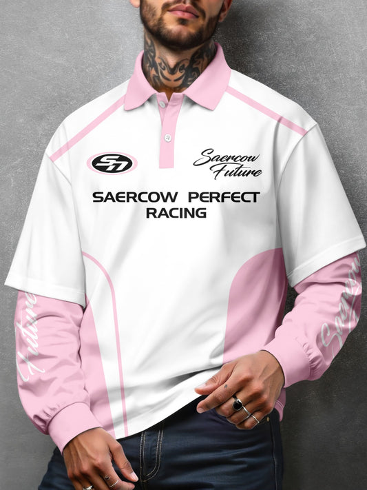 A 3D Print Faux Two-Piece Long-Sleeve Polo Shirt with Double-Layered Sleeves And Buttons, a Casual And Stylish Loose Top, Perfect for Gifting During The Holidays