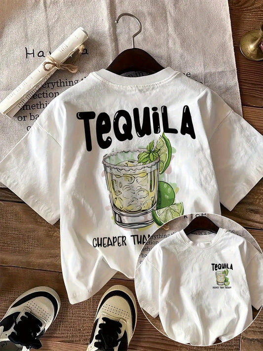 T-shirt Femme Blanc – Graphique Tequila & Lime avec Slogan “Cheaper Than Relax”