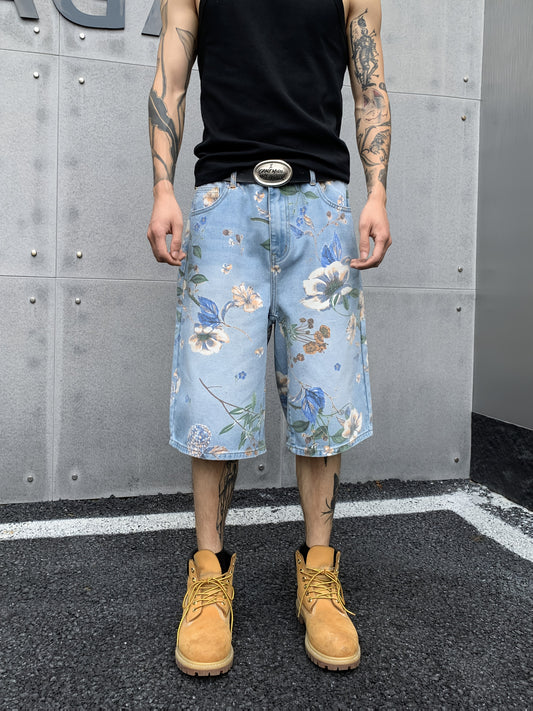 American Vintage Printed Design Straight-Leg Wide-Leg Comfortable Denim Shorts
