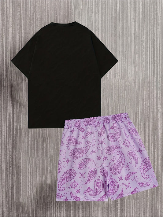 Set T-shirt & Short Imprimé Vague – Look Casual & Tendance, Coupe Ample
