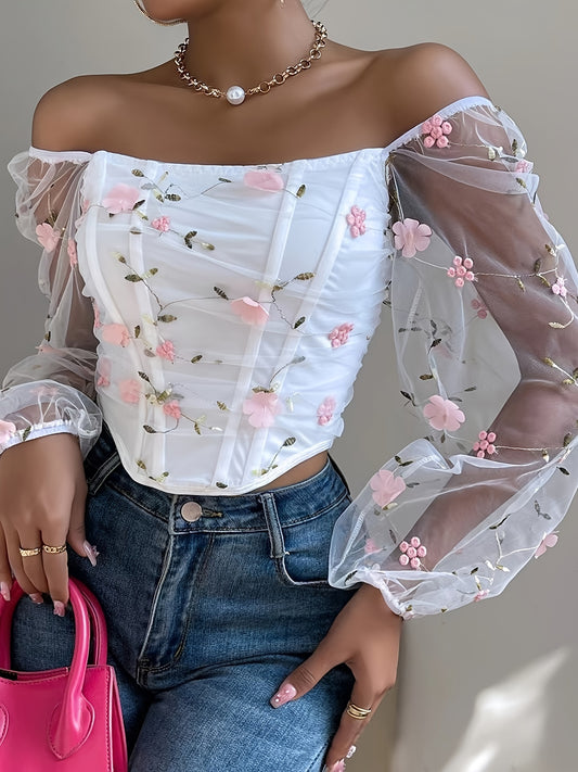 Corset femme manches longues – Mesh & broderie florale