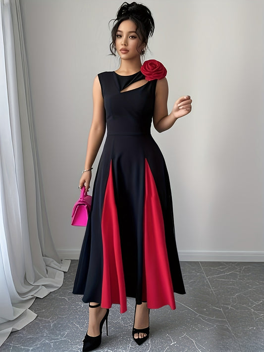 Robe Femme Sans Manches – Buste Colorblock, Découpes Modernes et Épaules Florales 3D, Ourlet Asymétrique