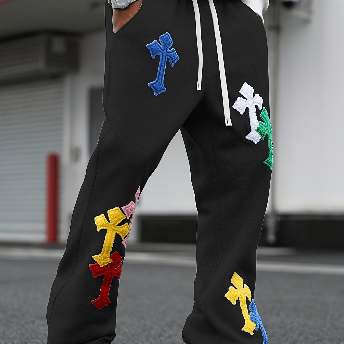 Pantalon de Jogging Homme Style Street Punk – Broderie Géométrique, Coupe Ample, Jambe Évasée, Idéal pour Toutes les Saisons