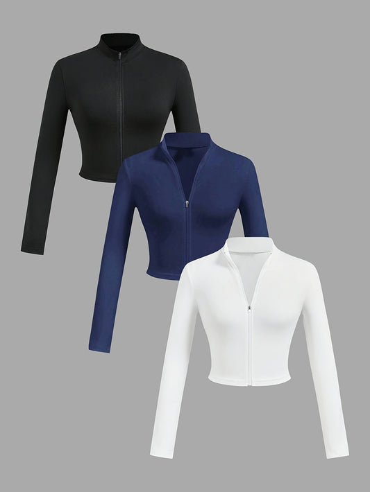 Ensemble 3 pièces femme – Top court zippé manches longues