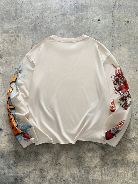 Men'S Casual Street-Style Letter Pattern Round Neck Long Sleeve T-Shirt, Suitable for Spring And Autumn Wear