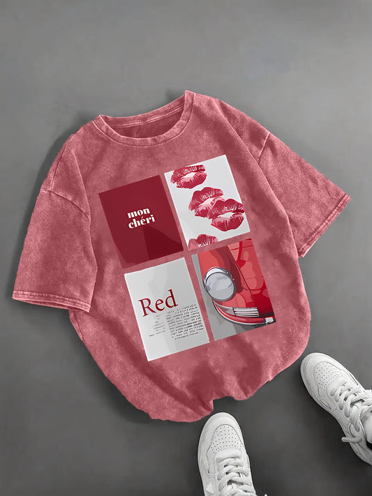 T-shirt Femme Imprimé – Col Rond, Manches Courtes, Style Casual Quotidien