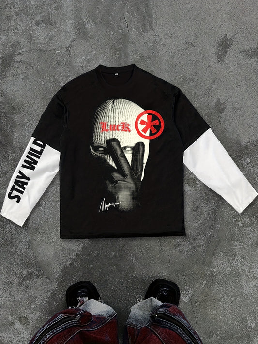 Men's Autumn Basketball Sporty 2-in-1 Look Long Sleeve Cartoon Art Letter Graphic Print, Autumn/Winter Outdoor Sports Style