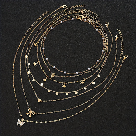 Lot de 7 Colliers Femme – Pendants Papillon et Cœur, Look Minimaliste et Chic