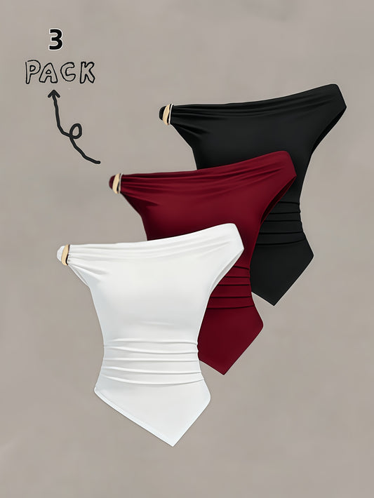 Ensemble 3 Tops Femme Épaules Dénudées Plissés – Coupe Cintrée & Boucles Métalliques (Noir/Bordeaux/Blanc)