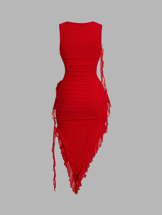 Robe bodycon rouge – Ourlet asymétrique & fleurs 3D