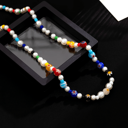 Collier Ras-du-Cou Perlé Patchwork Floral Émaillé Multicolore