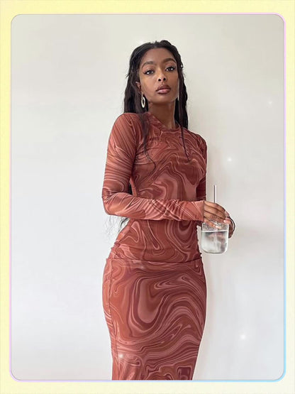 Abstract Ripple Print Dress, Sexy Mock Neck Long Sleeve Dress, Women's Clothing