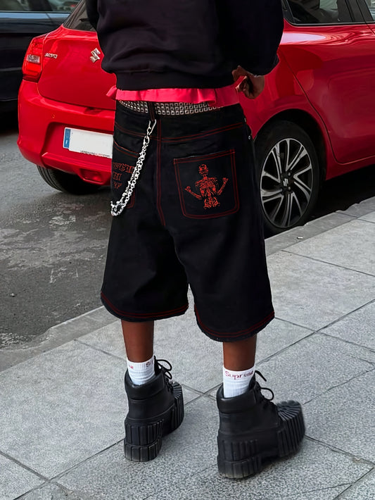 Bermuda en Jean Homme avec Broderie Crâne – Short Ample en Denim avec Broderie Lettres, Style Vintage Streetwear