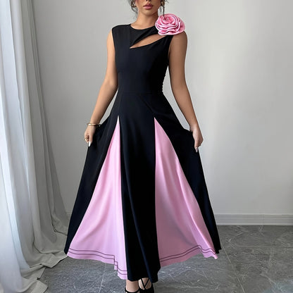 Robe Femme Sans Manches – Buste Colorblock, Découpes Modernes et Épaules Florales 3D, Ourlet Asymétrique