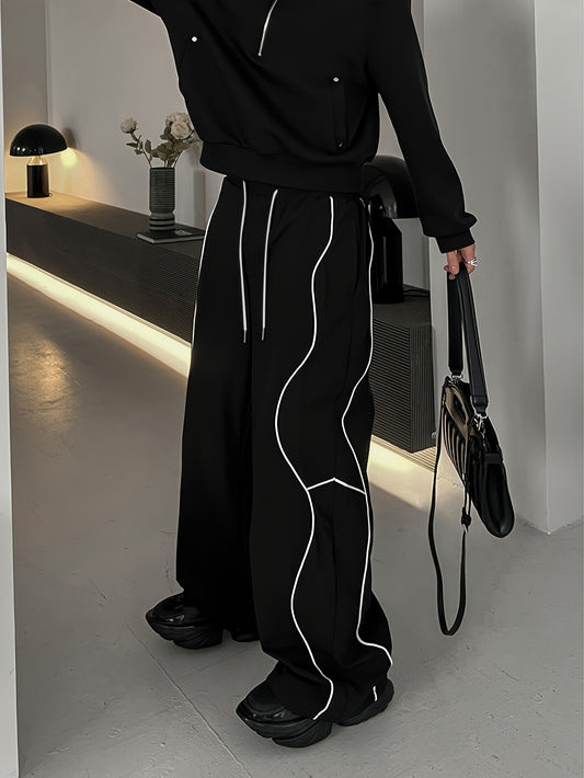 Pantalon Homme Streetwear Noir – Coupe Large Droite avec Détails Blancs, Style Casual