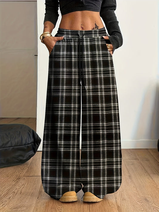 Women'S Plaid Wide-Leg Pocket Drawstring Casual Stylish Long Pants for Autumn And Winter